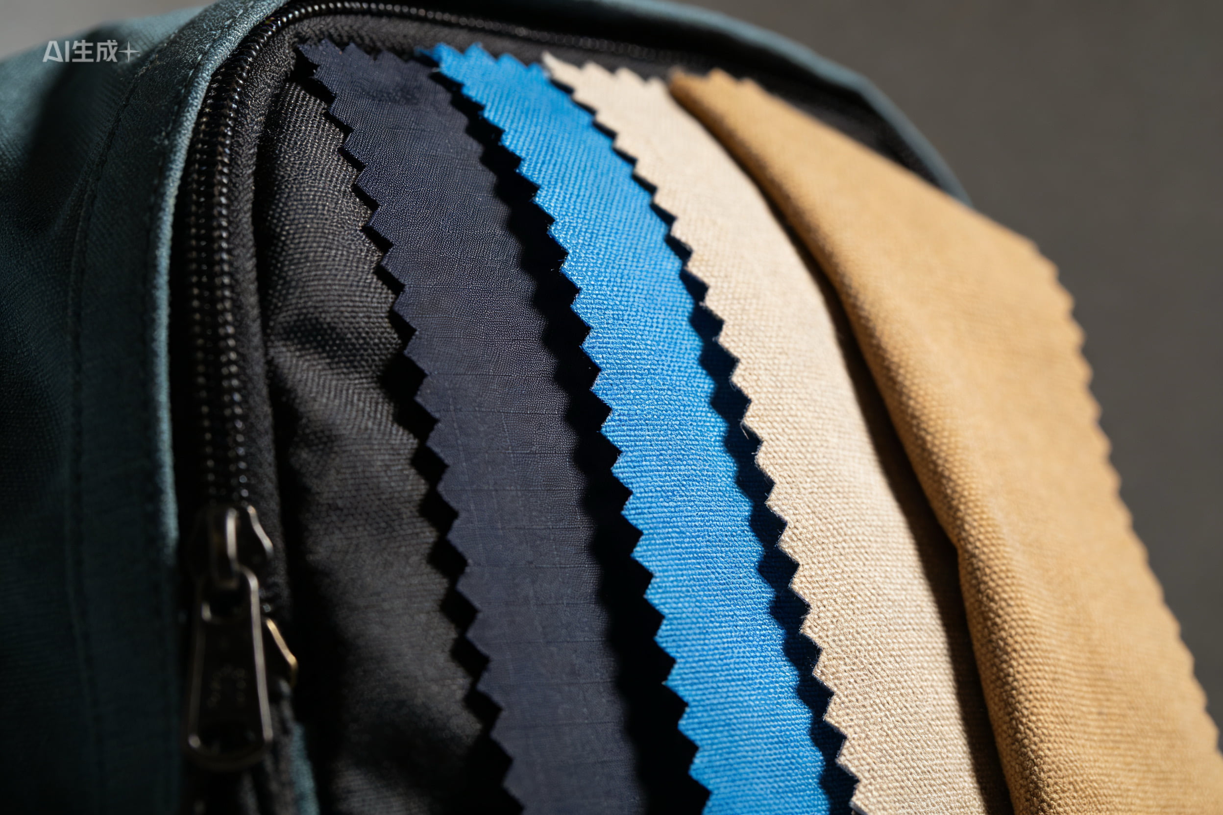 A close-up shot of different backpack fabric swatches like nylon, polyester, and canvas