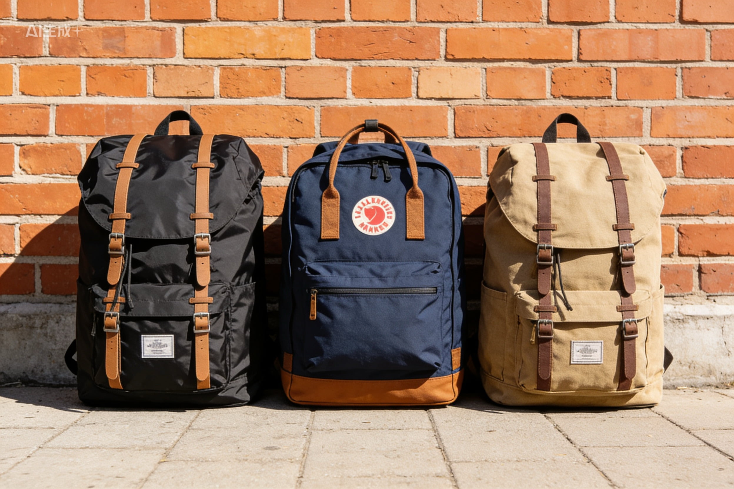 Three backpacks side-by-side, one made of nylon, one of polyester, and one of canvas